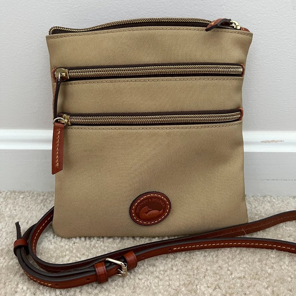 Dooney & Bourke Nylon North/South Triple Zip, Khaki With Tan Trim